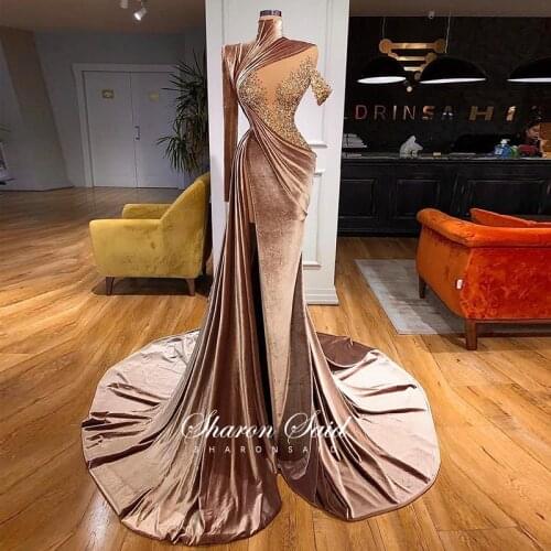 Luxury Dubai Brown Velvet Mermaid Evening Dress Long Sleeve Side Slit Arabic Prom Formal Dresses for Women Wedding Party Gowns