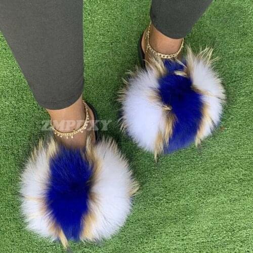 Fur Slides Women Fluffy Real Fox Fur Slippers Ladies Home Cute Furry Sandals Children Plush Fur Flip Flops Female Flat Shoes
