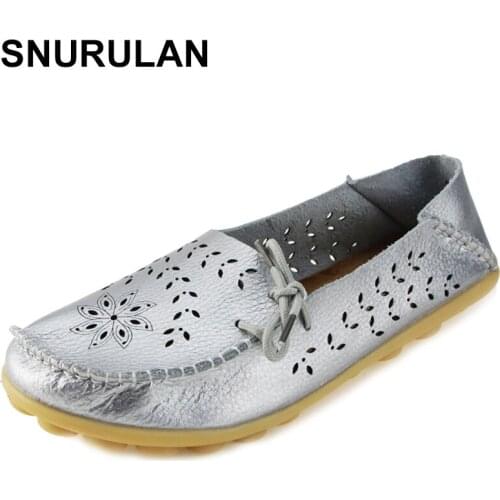 SNURULAN Womens Casual Shoes Genuine Leather Loafers Slip-On Female Flats Moccasins Ladies Driving Shoe Cut-Outs MotherFootwear