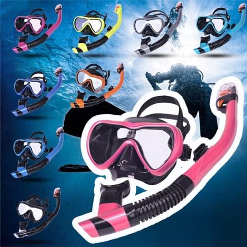 Unisex deep diving mask snorkel two-piece suit adjustment elastic silicone band transparent tempered glass lens anti-fog treatme