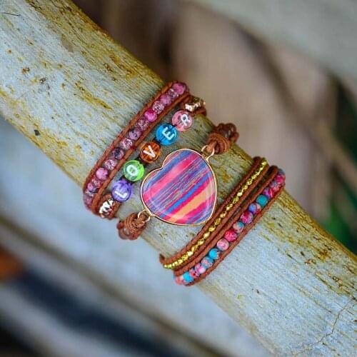 Boho Love Heart Long Wrap Bracelet Natural Stone Bracelet 5 Wrap Bracelet Lover Stone Wholesale Bracelet for Women