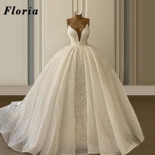 Vestido De Noiva Beading Deep V Neck Wedding Dresses 2021 Muslim Islamic Wedding Bridal Gowns ball Gown Crystal Bride Dresses