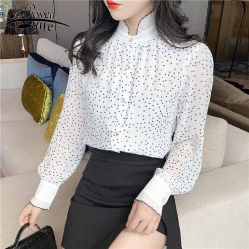 Vintage Shirt Polka Dot Shirts Women 2021 Autumn Long Sleeve Chiffon Womans Blouses Stand-Collar Korean Cardigan Blusas 10953