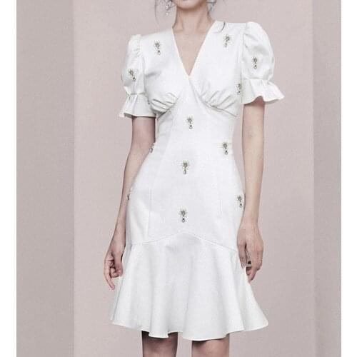 Vintage Diamonds Summer Dress Women Sexy V Neck Puff Sleeve High Waist Ruffles Mermaid Dresses For Female Fashion 2021 New