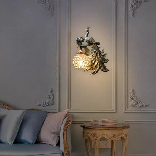 Vintage Decor Peacock Resin Wall Lamp Green Vanity Luxury Living Room Bedroom Decorations for Home Wall Sconce Lamp Mirror Light