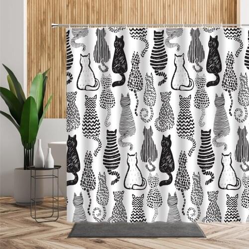 Cat Nordic Style Shower Curtains Black And White Zoo Animals Waterproof Bathroom Curtain Home Accessories 3D Bath Room Decor Set