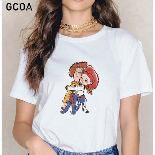 Harajuku Cartoon Toy Story Cowgirl Jessie Hugs Cowboy Woody Print T-shirt Women Tops Summer Sweet Girls Casual Streetwear Tee