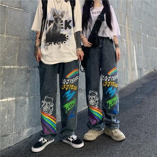 Varofi 2021 couples graffiti rainbow print straight wide leg pants womens large high waist loose jeans Y2K jeans