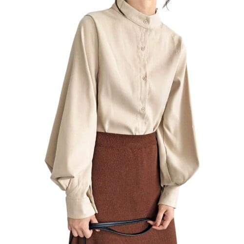 High Quality Womens Tops and Blouses 2020 Spring Autumn Stand Collar Blouse Shirts Women Tops Lantern Sleeve Ladies office Shirt