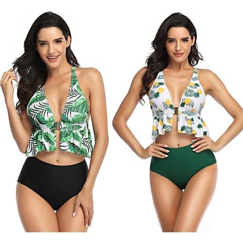 2020 Ruffle Swimsuit Women 2 Pieces Bikini Tummy Control Push Up Leaf Pineapple Print Plus Size Boho Monokini Swimwear Lady Girl