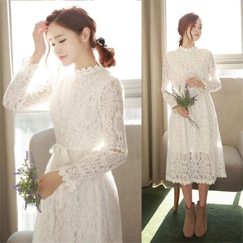 New Autumn Women Long Sleeve Lace Dress Winter Add Velvet Dresses Elegant Lady Long White Sashes Dress Vestidos Bottomings WZ455