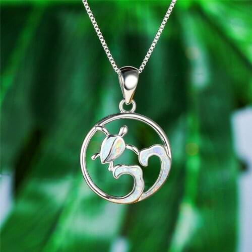 Boho Female Blue Opal Pendant Necklace Cute rose gold color Chain Necklaces For Women Dainty Beach Turtle Wedding Necklace