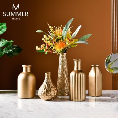 Golden Creative Glass Vase Simple Crafts Flower Arrangement Light Luxury Desktop Decor Home Decoration Accessories Ornaments