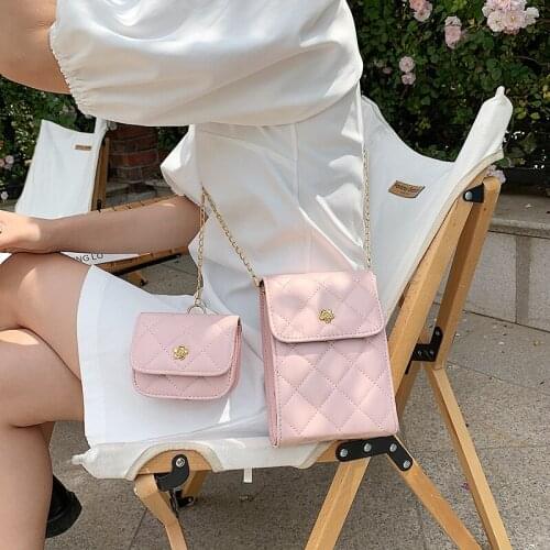2PCS PU Leather Crossbody Bags Women Luxury Designer Handbag Cell Phone Bags Long Straps Chain Shoulder Bag