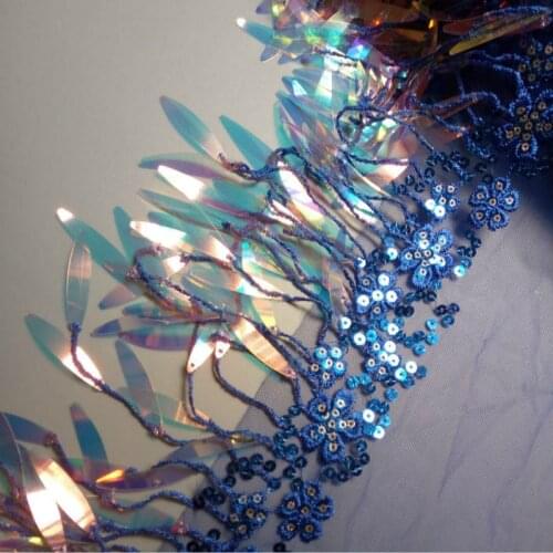 2 Yard Blue Sequins Mesh Lace Fabric Trim Ribbon Tassel Fringe Edge Embroidered Sewing On Accessories Craft Wedding Dress Party