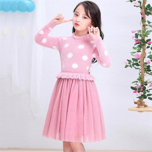 2020 New Autumn Winter Kids Girl Dress Children Knitted Mesh Patchwork Party Costume Baby Girl Polka Dot Print Tutu Dresses K112