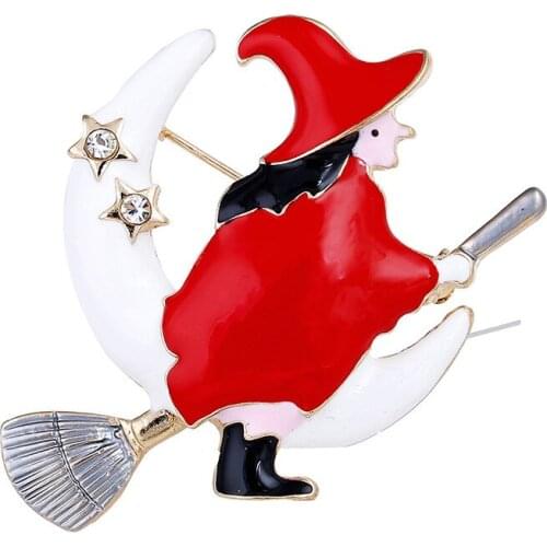 Enamel Red Witch Brooch Pin For Halloween Party Rhinestone Mixed Snowflake Deer Christmas Brooches For Women Scarf Pin Best Gift