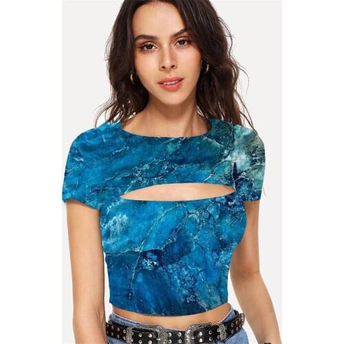 Somepet Dark Blue T-shirt Women Abstract Tshirt Printed Psychedelic Hollow Out T shirts Harajuku T-shirts 3d Womens Clothing