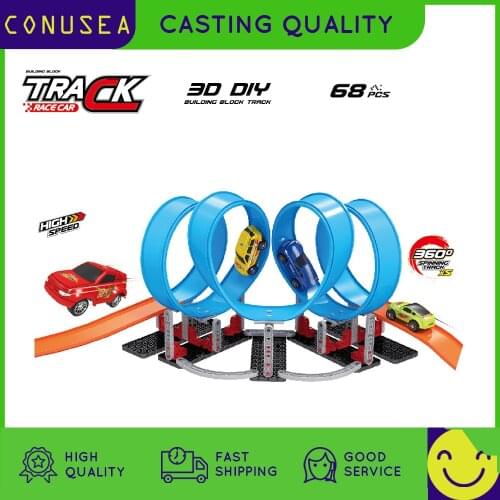 Diy Race Track Car Set Building Block Railway Toy Car Set Eject Rail Race Truck Car Toy Set Assembled Rail Car Toy Gift for Kid