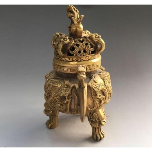 China antique brass handmade lion dragon double ears Incense Burners statue