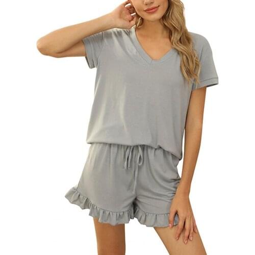 Fashion Women Outfit Solid Color Drawstring Two-piece V Neck Short Sleeve T-shirt Shorts Set for Sports Tracksuit Female Clothes