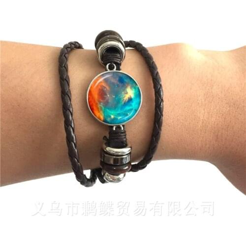 Nebula Space Leather Bracelet Glass Cabochon Trendy Black/Brown Weave Charm Bangle Fashion Men Women Jewelry Best Gifts