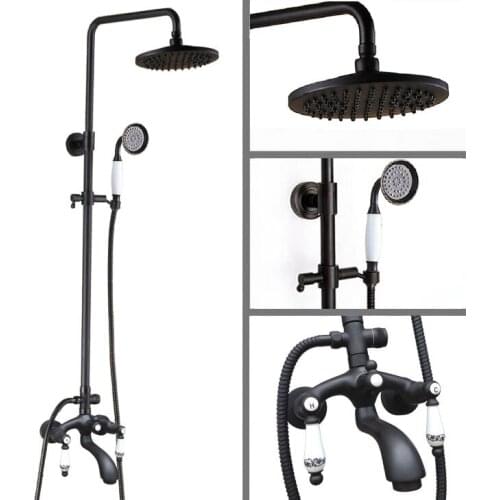 Black Oil Rubbed Brass Dual Ceramic Handles Bathroom 8 Inch Round Rain Shower Faucet Set Bath Tub Mixer Tap Hand Shower mhg136