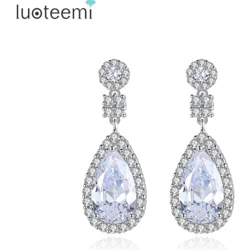 LUOTEEMI Elegant Teardrop Shape Clear CZ Stone Waterdrop Bridal Dangle Earrings for Lady Luxury Dinner Dress Classic Accessories