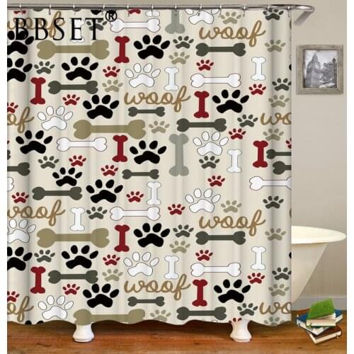 Cartoon Shower Curtain Puppys Paw Prints and Bones Pattern Waterproof Multi-size Douchegordijn Kids Bathroom Decor with Hooks