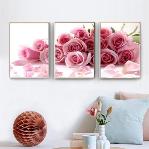 Rose Painting 3 Panel Wall Art Flowers Poster Nordic Canvas Pink Wall Pictures for Living Room Decor Home Decoration Art Print