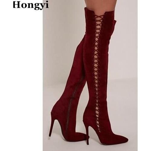 Hongyi New arrival winter over the knee wine red suede leather lace up boots thin high heel side zip decorated pointed toe boots