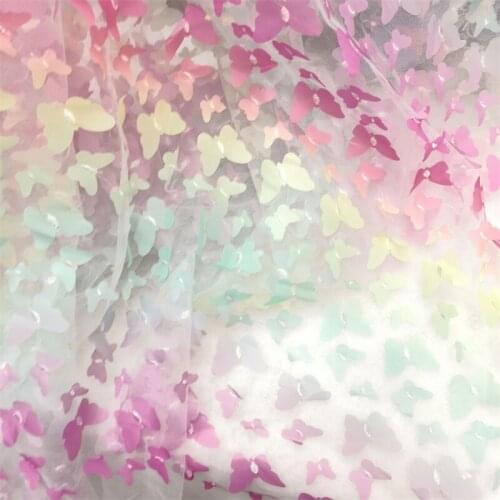 Rainbow 3D Butterfly Gradient Flowers Embroidery Tulle Fabric Mesh Lace Fabric For Dress,Gowns,Wedding,By The Yard