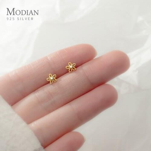 Modian Clear CZ Mini Cute Little Sun Flower 100% 925 Sterling Silver Stud Earring for Women Flora Ear Pin Fine Jewelry Kids Gift