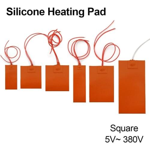5V 12V 24V 36V 48V 110V 220V 380V Silicone Heating Pad Square Rubber Heat Mat Heated Bed Plate Flexible Waterproof 3D Printer