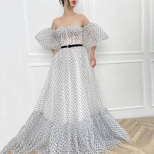 Polka Dots Tulle Prom Dresses 2021 Sweetheart Off the Shoulder Puff Sleeves Velvet Belt A-Line Long Formal Party Evening Gowns