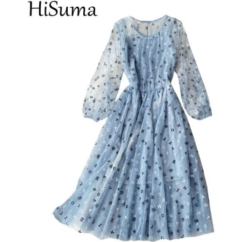 HISUMA Spring Autumn Women Lantern Sleeve O-Neck Letter Ruffles Pleated Chic Dress Lady Elastic Slim Waist Mesh Gauze Midi Dress