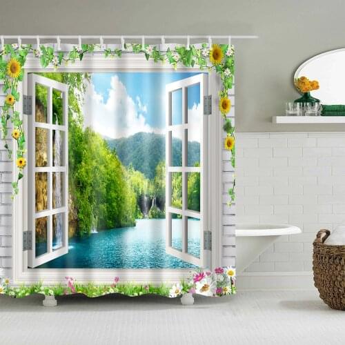 Waterproof Polyester Fabric Bathroom Shower Curtain Beach Scenery Window View Bath Curtain Large 180x200cm for bathroom curtain