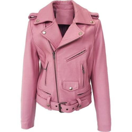 High Quality Women Real Leather Short Jackets Motorcycle Biker Genuine Leather Jacket Coat Pink Black White Y274