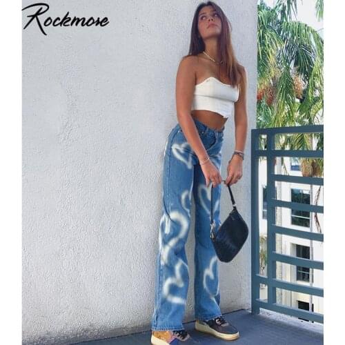 Rockmore Graffiti Print Jeans Women Pockets Wide Leg Trousers High Waisted Straight Pants Women Pockets Wide Leg Trousers Denim