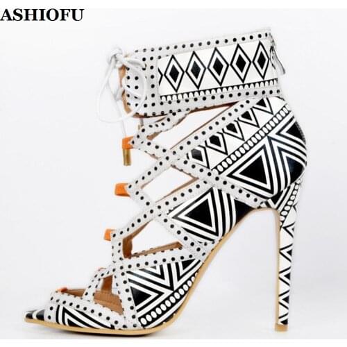 ASHIOFU Handmade Womens Stiletto Heel Pumps Printing Leather Shoelace Party Dress Shoes Peep-toe Sexy Fashion Pumps Shoes XD003