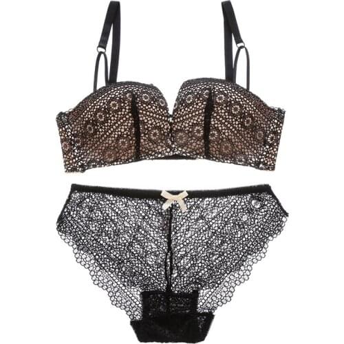 Women Lace Bra Suit Sexy Lingerie Set Thin Embroidery Push Up Brassiere No Rims Female Underwear+Panties Set Plus Size