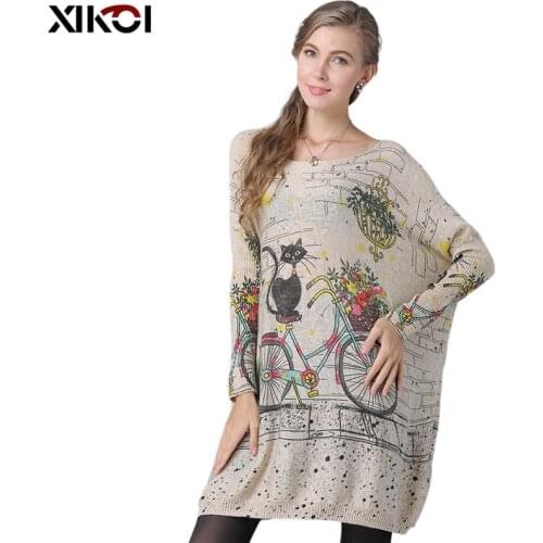 XIKOI Woman Oversize Sweater Winter Long Cat Bicycle Print Casual Coat Batwing Sleeve Bicycle Cat Print Pullovers Clothing