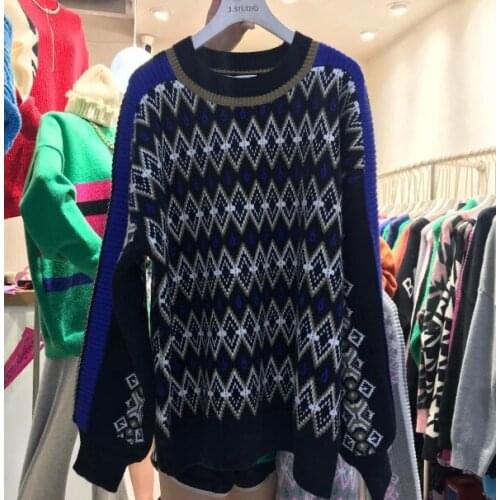 Fashion Pattern Patch Sweater Women Bat Sleeve Autumn and Winter Loose Diamond Lattice Round Neck Knitted Pullover Lady Top