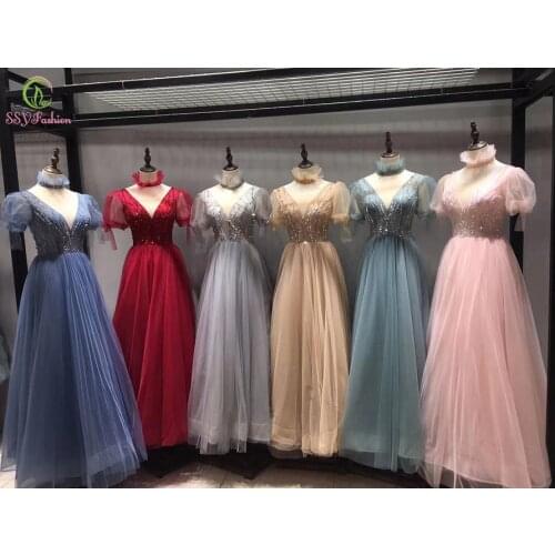 SSYFashion New Evening Dress for Women Real Picture High Neck Puff Sleeves Sequins Beading A-line Long Prom Formal Gown Vestidos