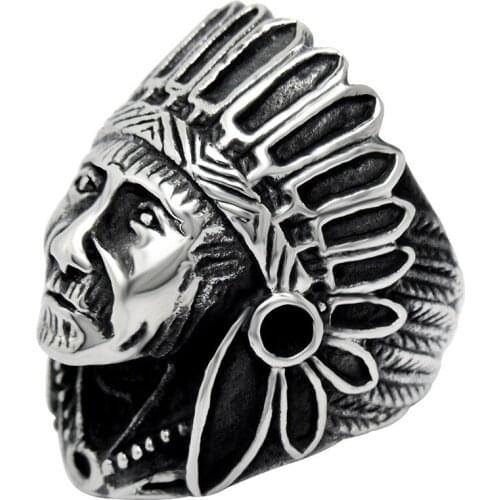 1pcs Fashion Vintage silver tone punk Ethnic Ring titanium steel finger ring with Indian Chiefs Head Free shipping R0006