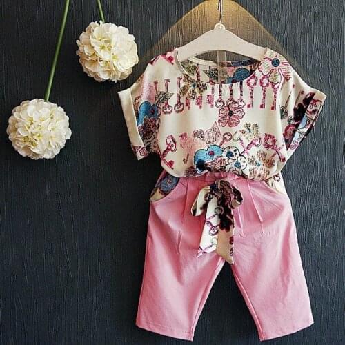 2021 Summer Toddler Girls Clothes Tops Blouse & Paints Clothing Sets for Girl Short Sleeve Baby Girl Outfit Kids Costume Size 7