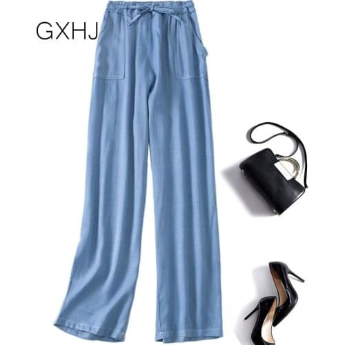 2021 Tencel Denim Wide Leg Pants Womens Summer jean Pants Loose Thin Tencel Straight Pants Elastic Waist Casual Pants LHJ041