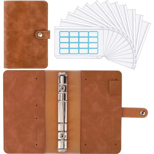 A6 Binder PU Leather Budget Planner Refillable 6 Round Rings Binder Cover Notebook Folder with 12 PCS Clear Plastic Envelopes
