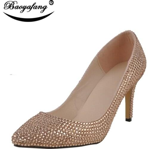 BaoYaFang New Pointed toe Women wedding shoes 8cm Party dress shoes woman female shoes Champagne/Green/AB bling crystal shoes