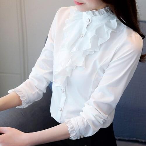 White Blouse Women Fashion Full Sleeve Shirt Casual Elegant Collar Ruffled Office Lady Tops Female Wear
